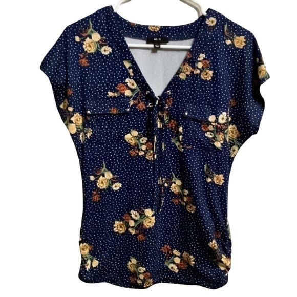 MINE Navy & Yellow Floral Short Sleeve Top V Neck Size Small - Picture 1 of 8